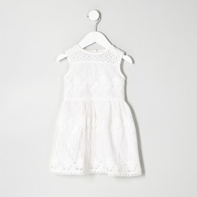 Mini girls white embroidered mesh dress